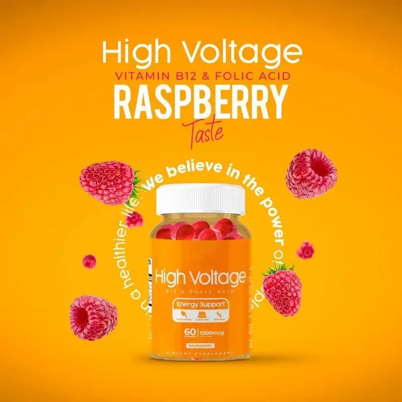 Vitamin supplement bottle with raspberries on an orange background