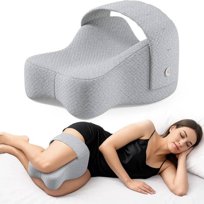 Gray knee pillow with a woman using it on a white background
