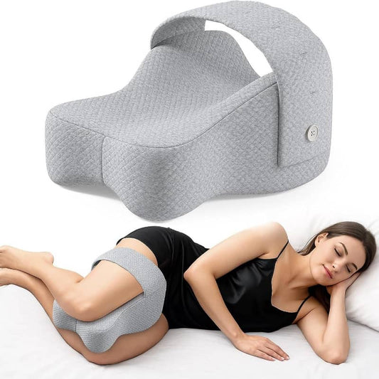 Gray knee pillow with a woman using it on a white background
