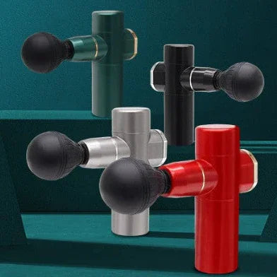Compact handheld massage guns in green, black, silver, and red for muscle recovery and fitness