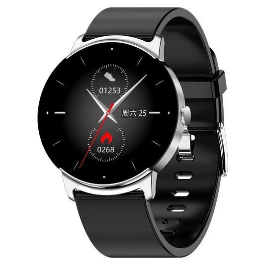 Black fitness smartwatch with step and calorie tracking, sleek round face, silicone band