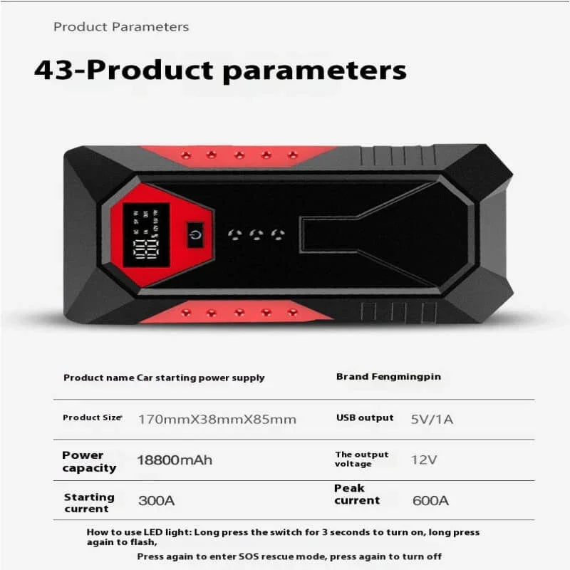 Portable car jump starter power bank, black and red, digital display, 18800mAh, 12V.
