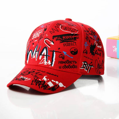 Red graffiti-style baseball cap with bold text and artistic doodles, Hi Fitness streetwear accessory.