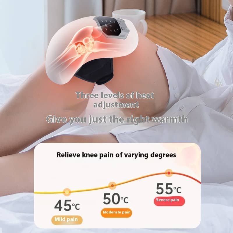 Knee heating pad being used on a person's knee with temperature adjustment display.