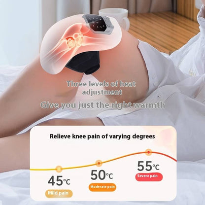 Knee heating pad being used on a person's knee with temperature adjustment display.