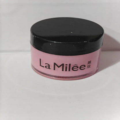 Pink La Milée skincare cream jar with black lid on white background