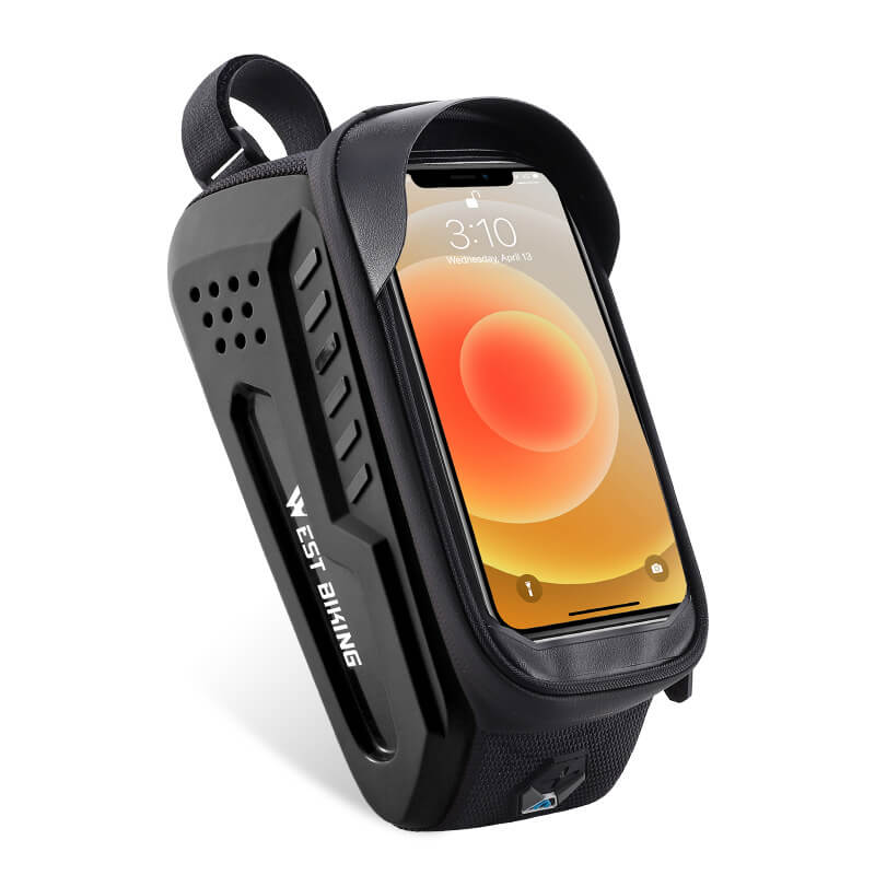 Black phone case with a smartphone displaying a colorful screen on a white background