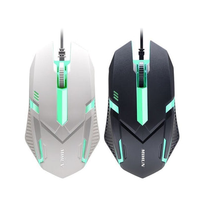 Two gaming mice, one white and one black with green accents, on a white background.