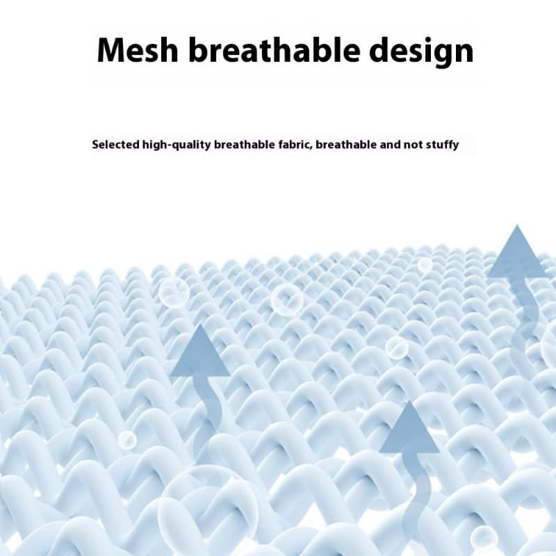 Close-up of breathable mesh fabric with airflow arrows, illustrating high-quality ventilation.