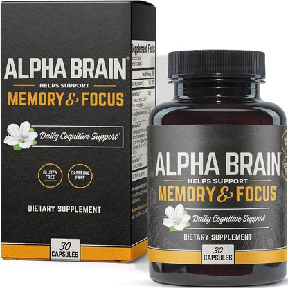 Alpha Brain dietary supplement bottle and box for memory and focus support, 30 capsules