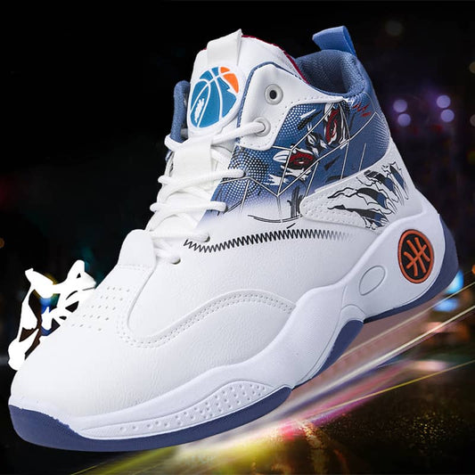 White and blue sneaker with colorful design on a dark background