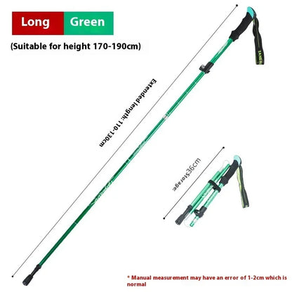 Long green collapsible trekking pole, extended to 130cm, folded to 36cm, for hiking