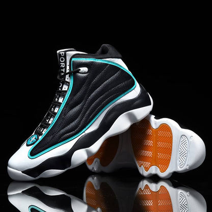 Black and white sneakers with orange soles on a reflective black surface