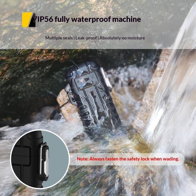 Black waterproof machine being tested in water with text highlighting its features.
