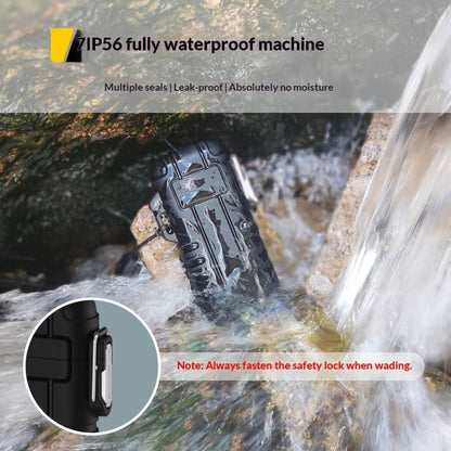Black waterproof machine being tested in water with text highlighting its features.