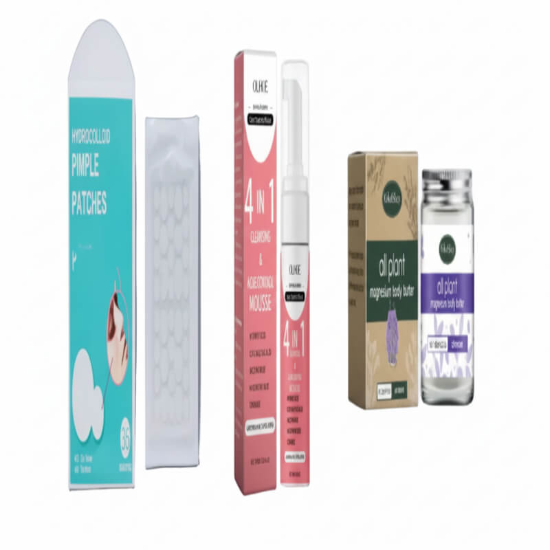 Hydrocolloid pimple patches, 4-in-1 cleansing mousse, magnesium body butter skincare products