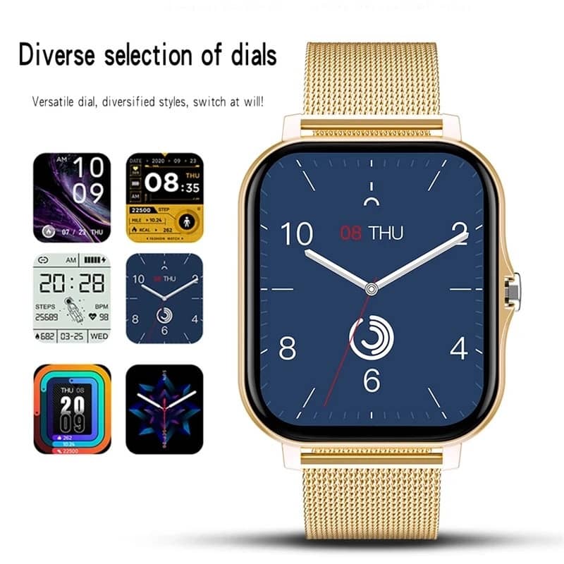Gold smartwatch with blue screen displaying various app icons on a white background