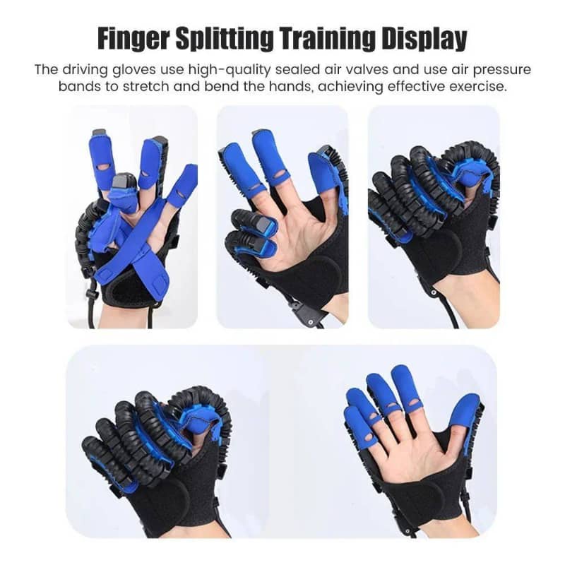 Finger splitting training display with black and blue gloves on a white background