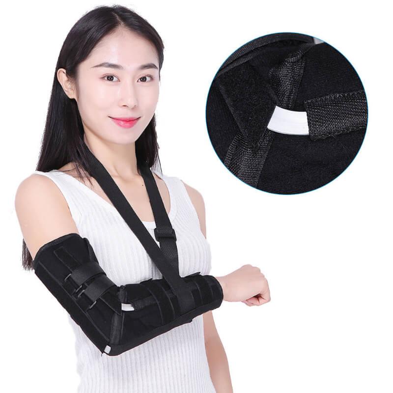 Woman wearing a black arm brace with a close-up inset of the brace's texture.