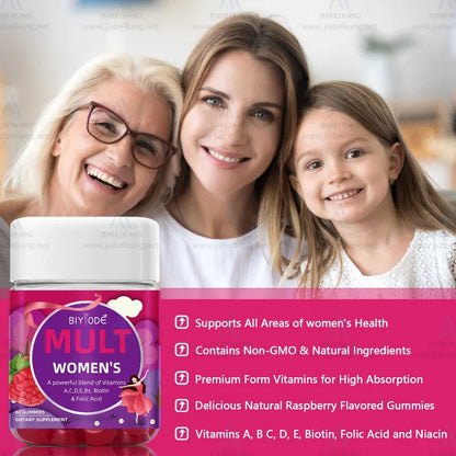 A jar of DIYODE Mult Women's dietary supplement gummies is shown in front of a smiling family, with a pink text panel listing benefits on the right.