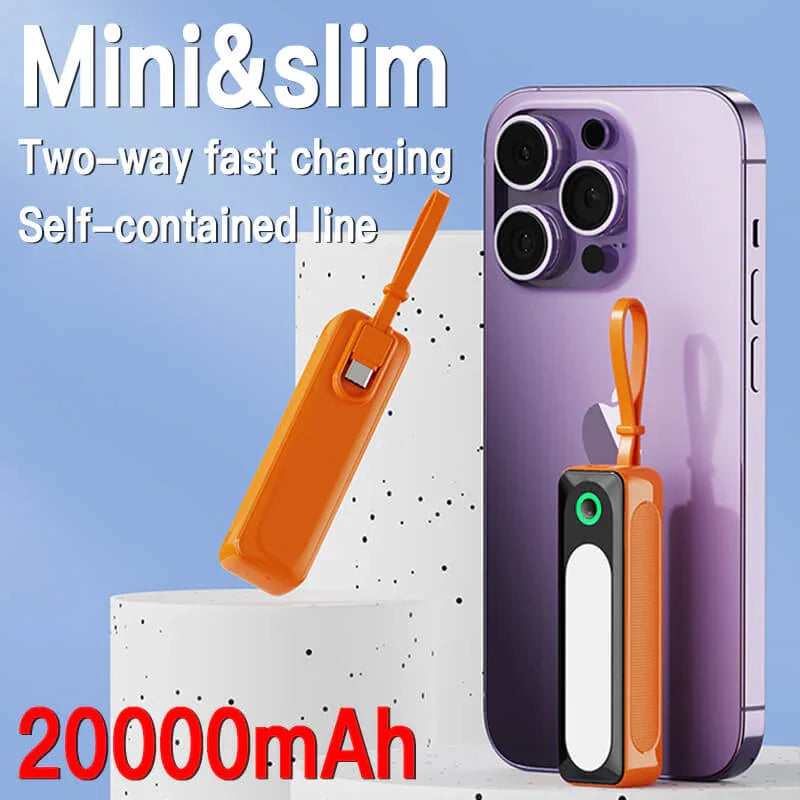 Mini slim 20000mAh portable orange power bank with two-way fast charging shown next to smartphone
