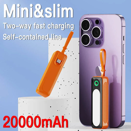 Mini slim 20000mAh portable orange power bank with two-way fast charging shown next to smartphone