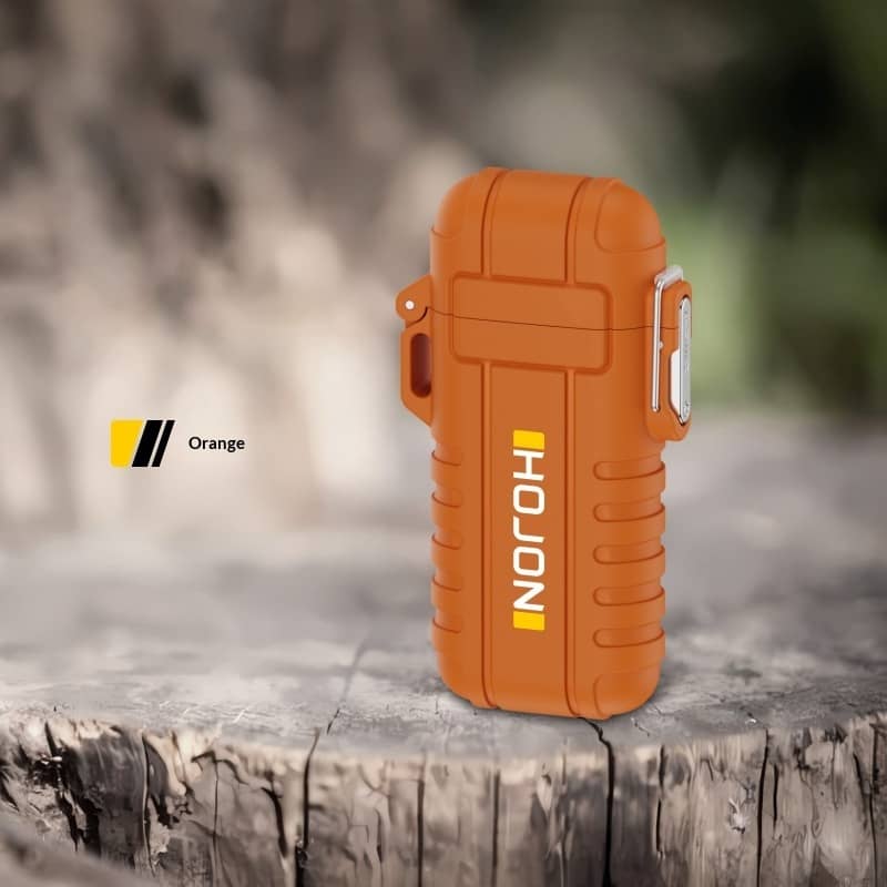 Orange durable waterproof case for outdoor gear, displayed on a tree stump in nature