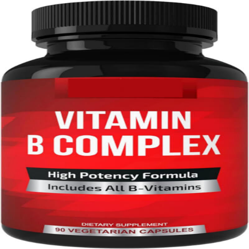 Vitamin B Complex supplement bottle with red label on a white background