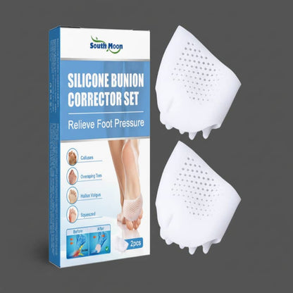 Silicone bunion corrector set with packaging on a dark background