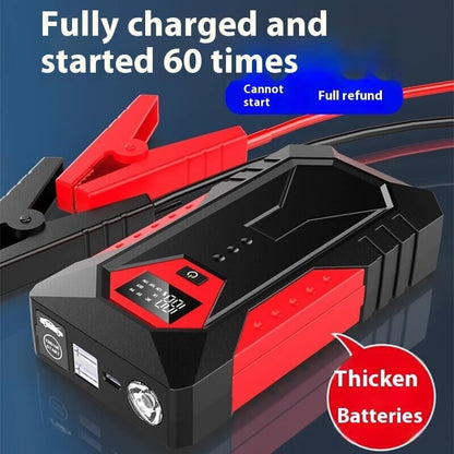 Portable car jump starter with display screen, red and black booster clamps, thickened batteries