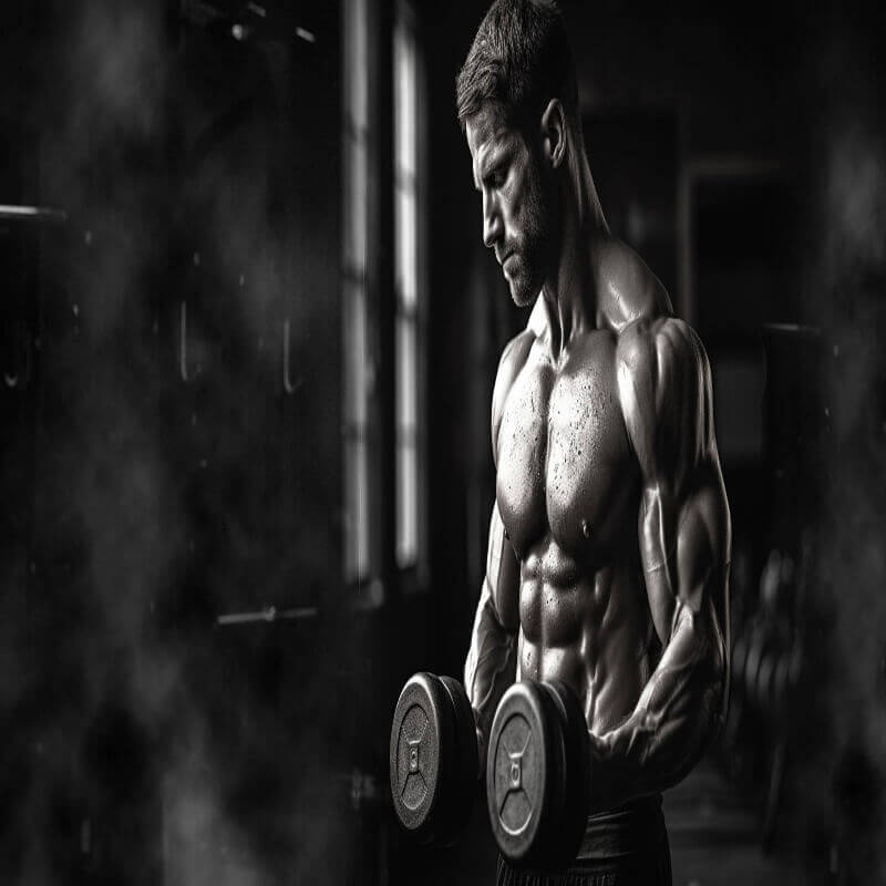 Muscular man holding dumbbells in a gym setting