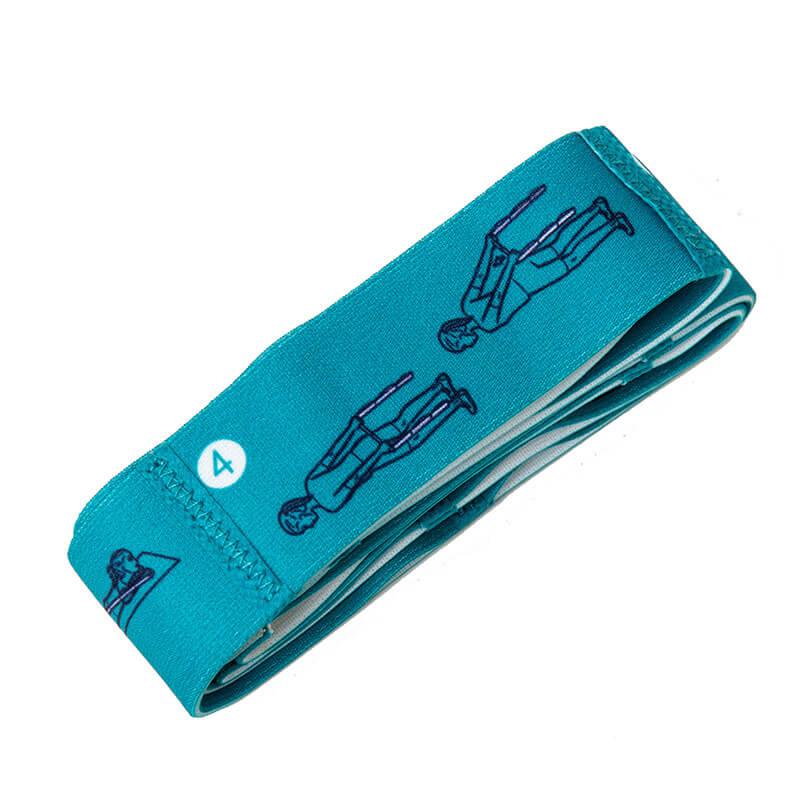 Teal fabric resistance band with exercise illustrations, folded on white background