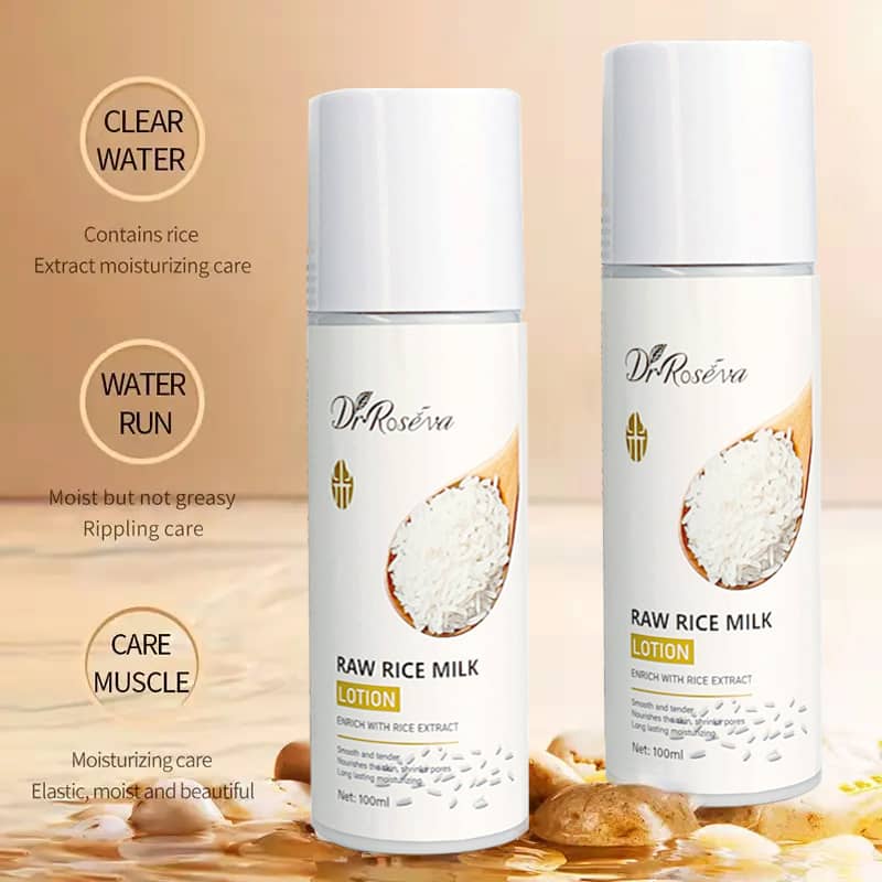 Two bottles of Dr. Roséva Raw Rice Milk Lotion on a beige background with product features highlighted.