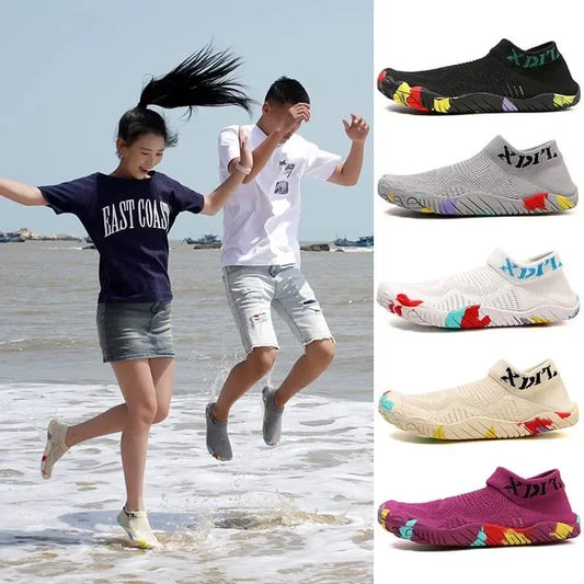Two people playing in the water with a collage of colorful socks.