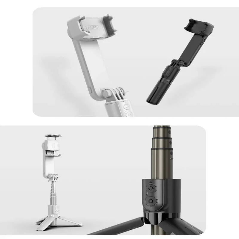 Adjustable phone tripod stand with extendable selfie stick, shown in black and white on a plain background.