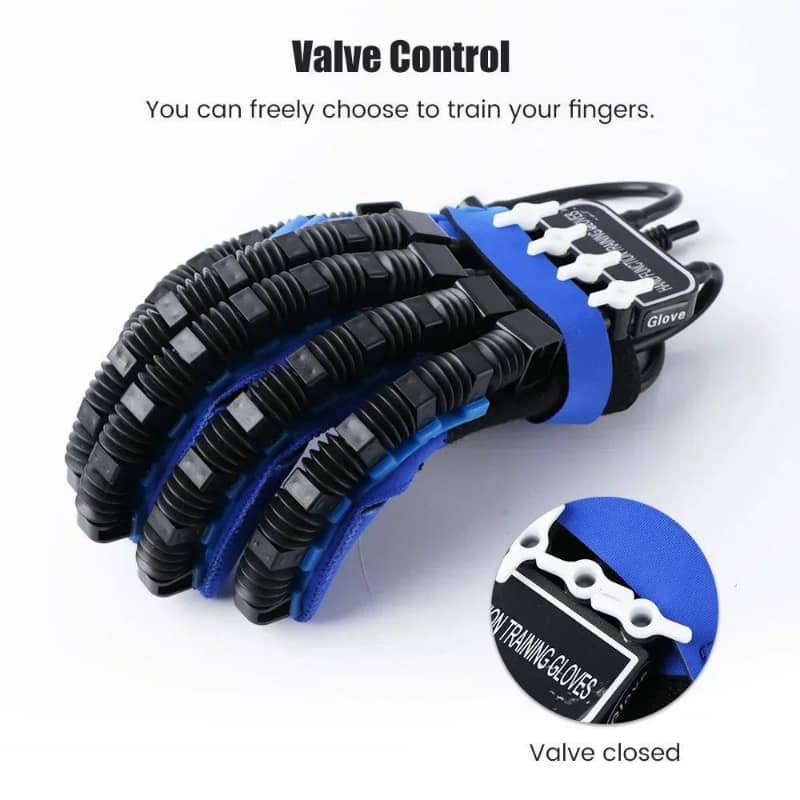 Black and blue training glove with valve control mechanism on a white background