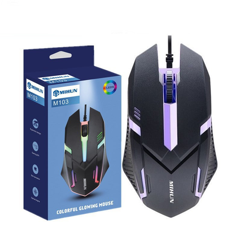 Gaming mouse with colorful LED lights and its packaging on a white background
