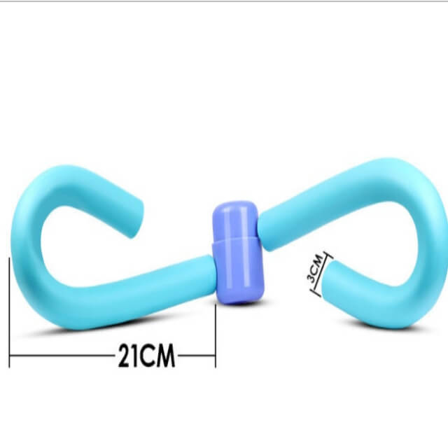 Blue and purple exercise tool with measurements on a white background