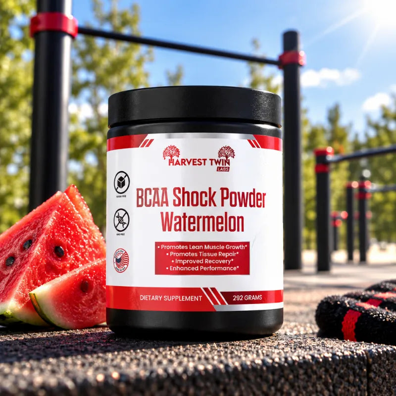 A tub of Harvest Twin Labs BCAA Shock Powder Watermelon sits on an outdoor workout deck with watermelon slices and a towel nearby, with a blurred gym background.