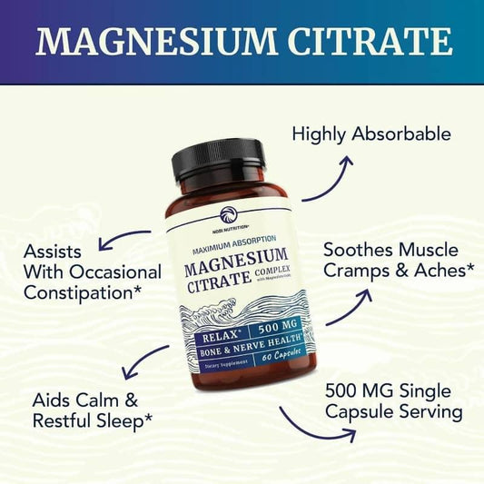 Magnesium citrate supplement bottle with benefits like muscle cramps relief, restful sleep, bone health.