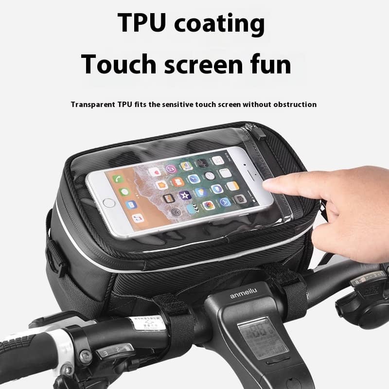 Phone case with TPU coating on a motorcycle handlebar, showing a hand interacting with a touchscreen.