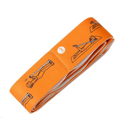 Orange resistance band with exercise instructions illustrations for strength training