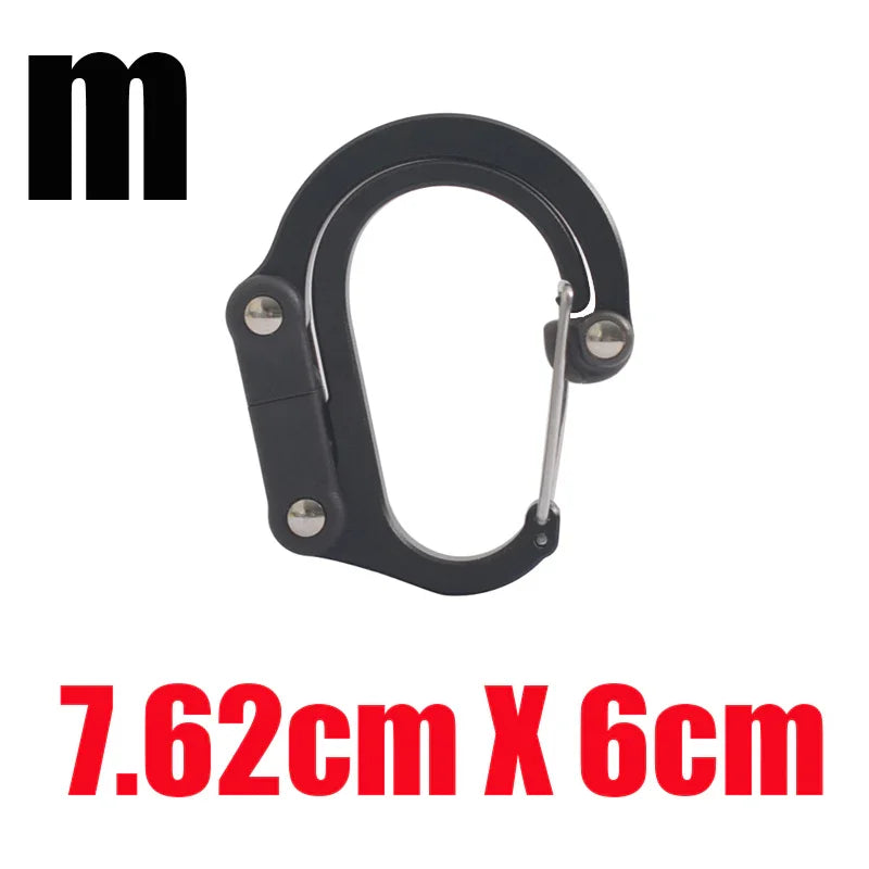 Black metal carabiner clip, 7.62cm by 6cm, for outdoor gear and fitness equipment.