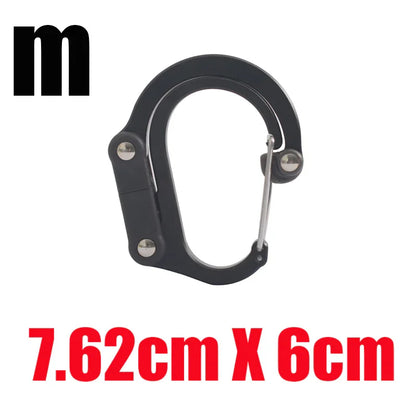 Black metal carabiner clip, 7.62cm by 6cm, for outdoor gear and fitness equipment.