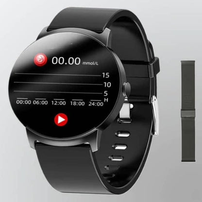 Black fitness smartwatch with round touchscreen and health tracking display, extra band shown