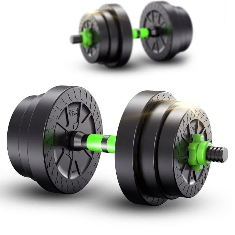 Pair of black dumbbells with green accents on a white background