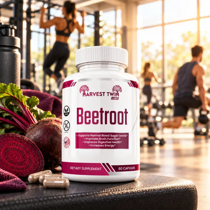 A bottle of Harvest Twin Beetroot dietary supplement placed on a gym bench, surrounded by fresh beet greens, a beetroot, and capsules, with a blurred gym scene in the background.