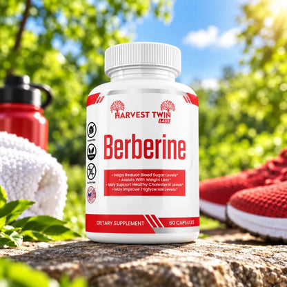 A white bottle of Harvest Twin Labs Berberine dietary supplement, 60 capsules, displayed on a stone surface outdoors with a blurred background of green foliage, blue sky, a red water bottle, a white towel, and red sneakers.