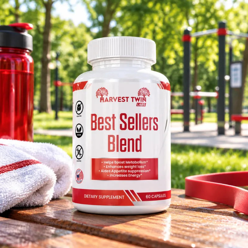 A white bottle of Harvest Twin Labs Best Sellers Blend dietary supplement placed on a wooden table outdoors, with a blurred park background, a red water bottle, a white towel, and a red resistance band nearby.