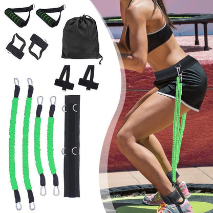 Resistance band set with accessories and a person exercising outdoors.